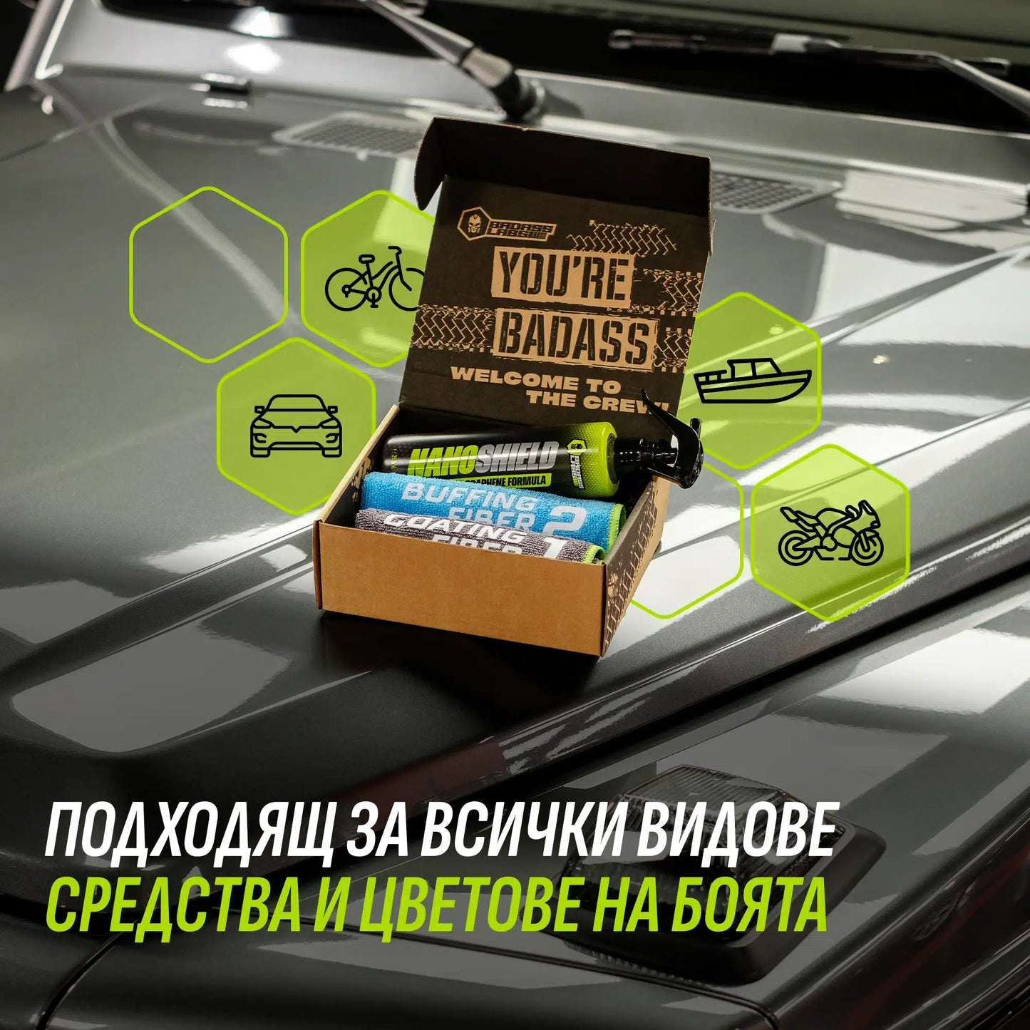 УНИВЕРСАЛЕН КОМПЛЕКТ - 2бр NanoShield, 4бр микрофибърни кърпи, 1бр PitchBlack,1бр Outshine